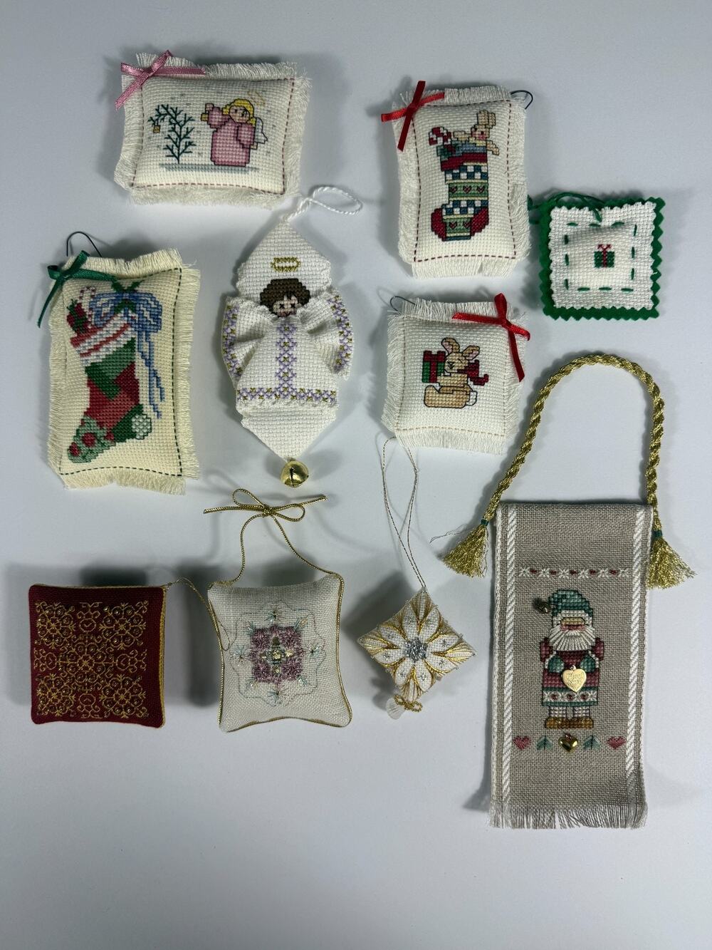Vintage Finished Stitched Christmas Ornaments Lot of 10 Needlepoint Cross Stitch